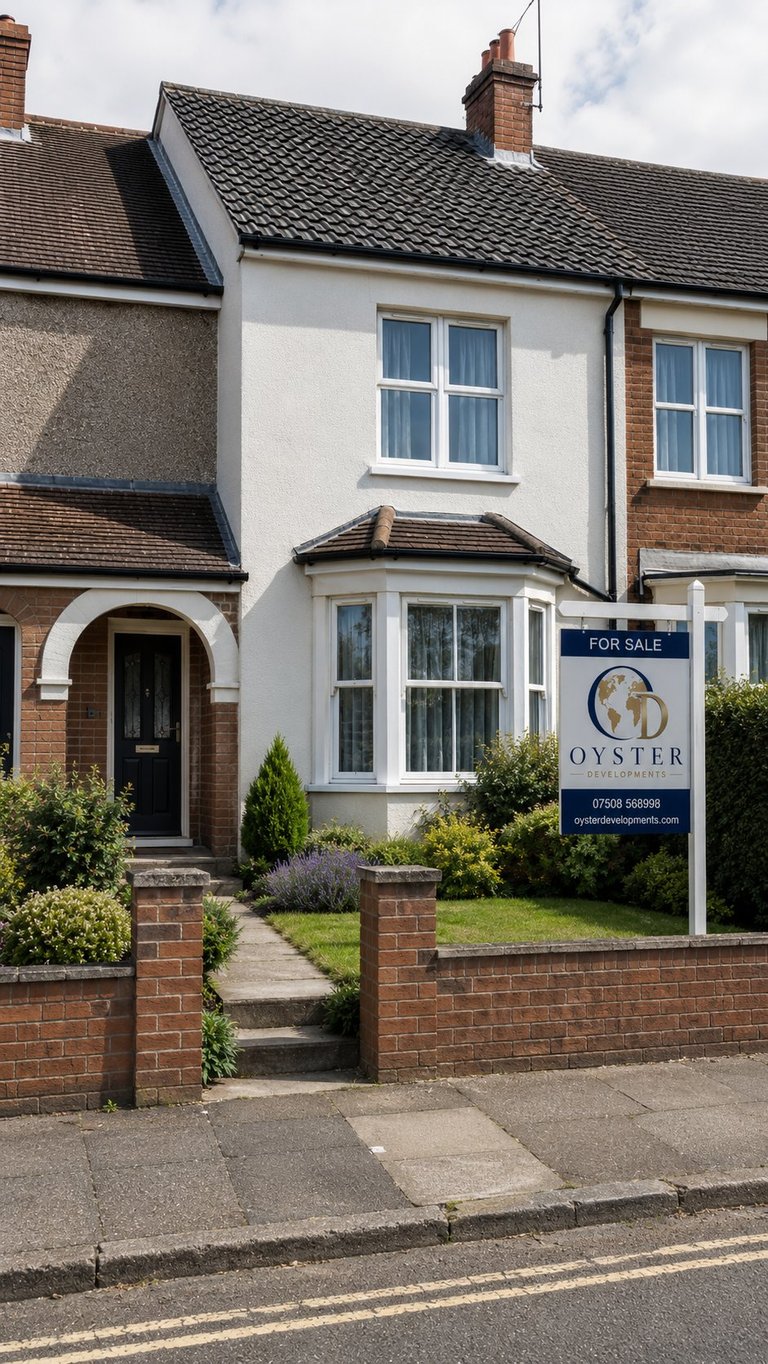 White townhouse with For Sale sign in front, featuring bay window, brick wall, and manicured garden