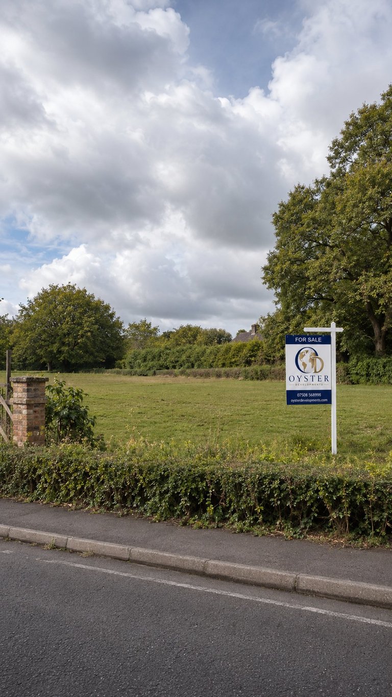 For Sale sign by Oyster on a grassy field with trees and cloudy sky