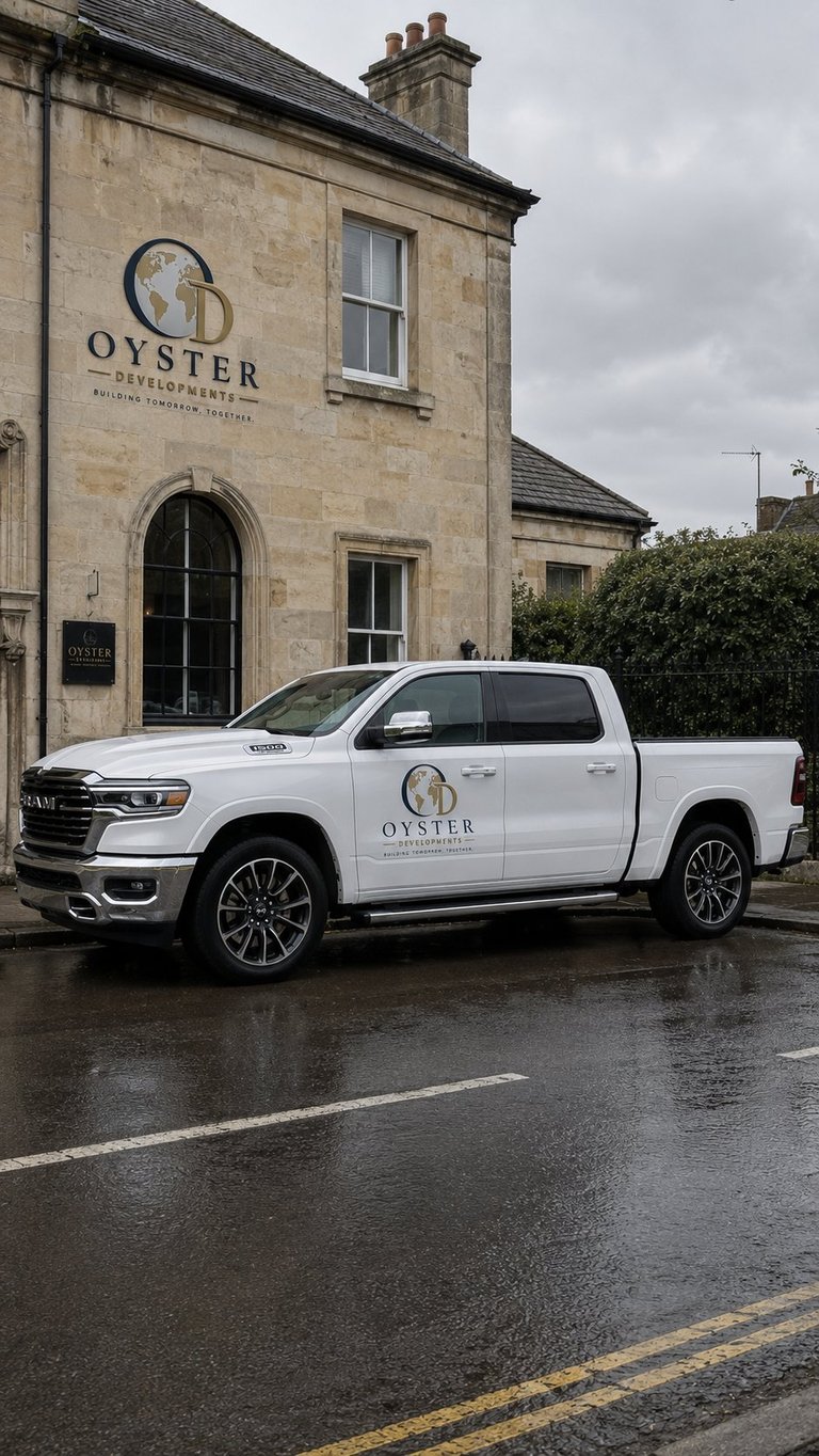 White Oyster truck parked in front of a stone building branded with the Oyster logo on a wet street
