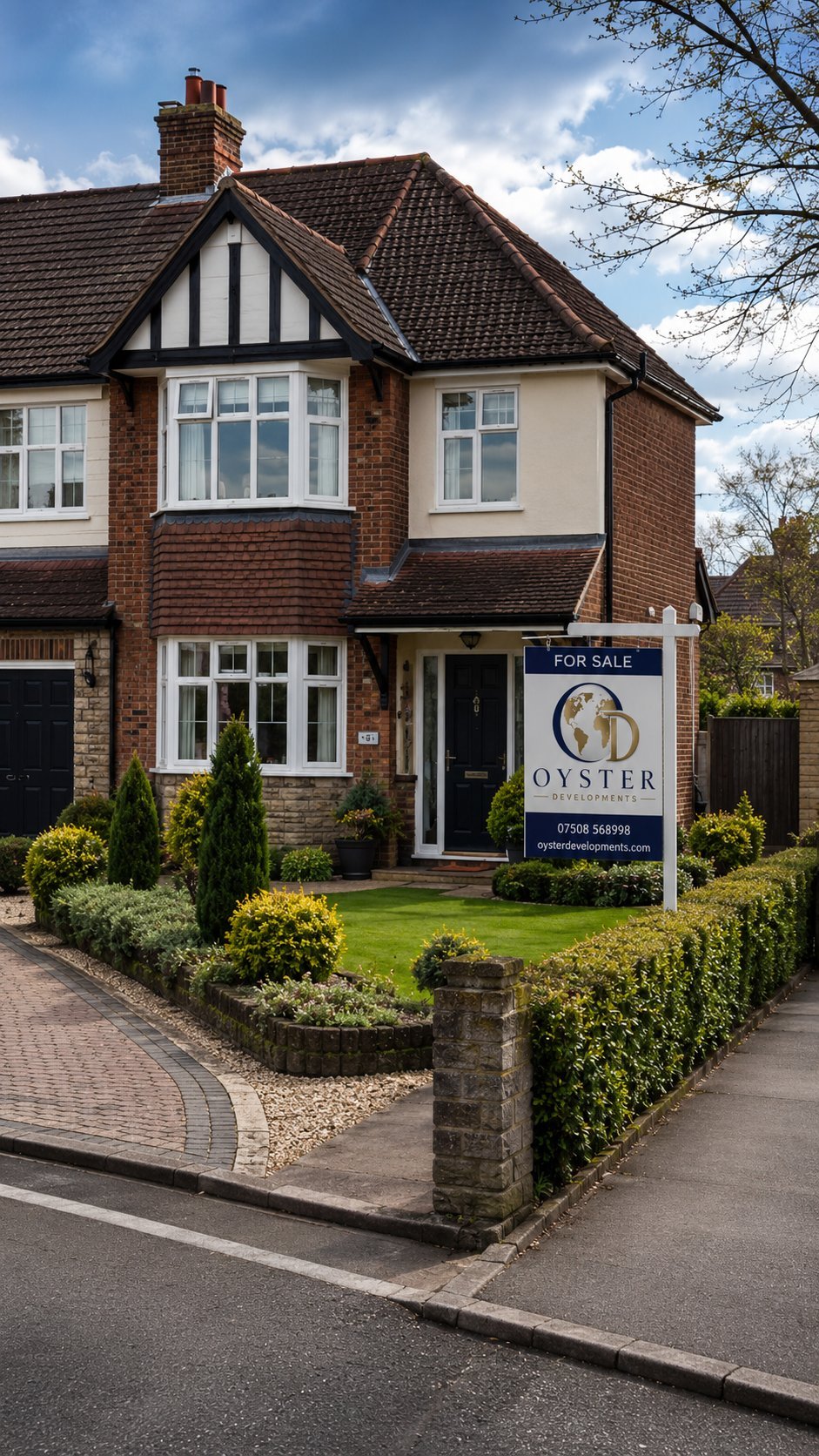 Traditional two-story brick house with white trim and dark roof, featuring an Oyster estate agent for sale sign in the front garden